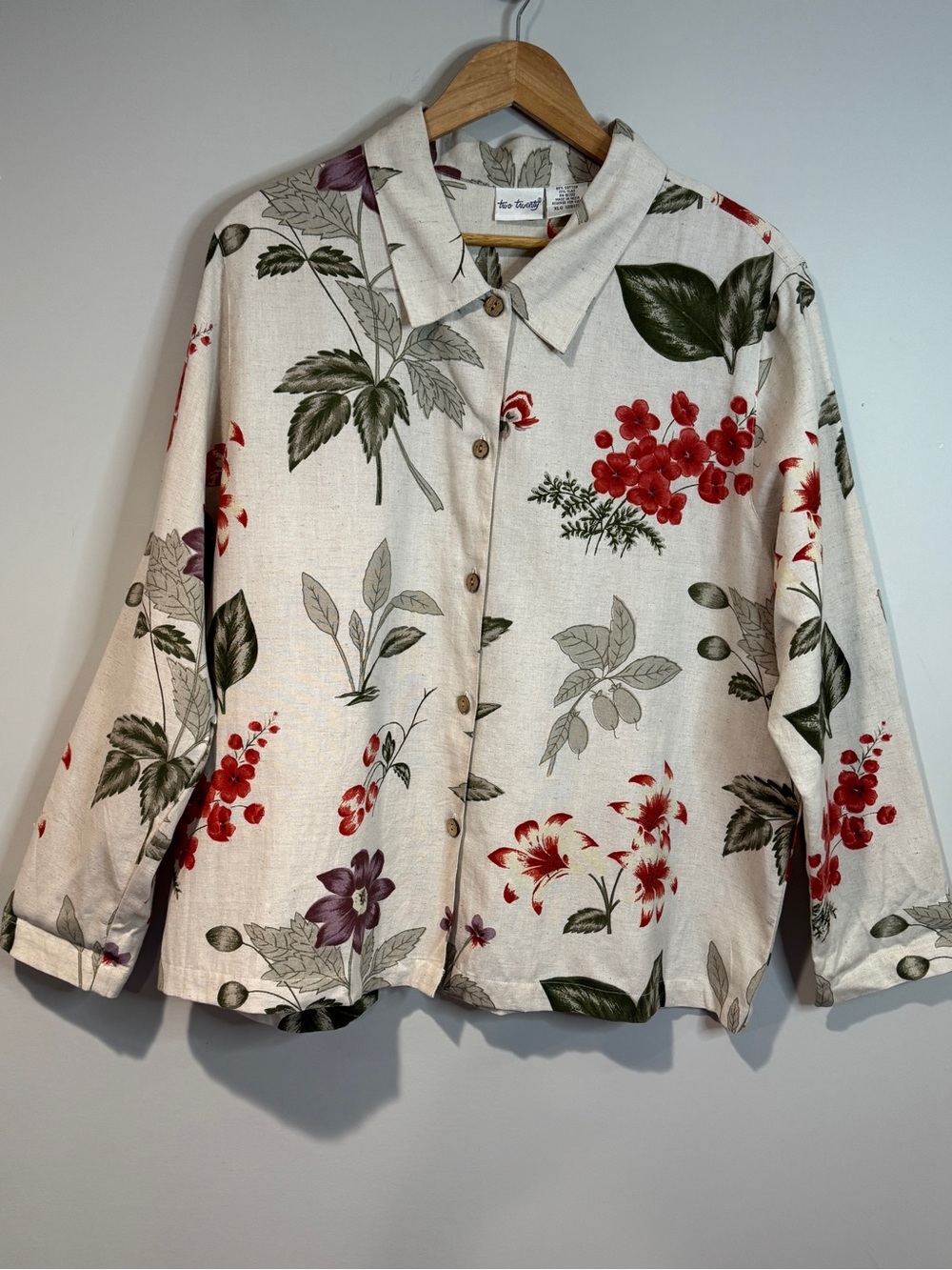 Two Twenty Cream Botanical Cotton Flax Button Up Shirt Jacket Cottagecore XL
